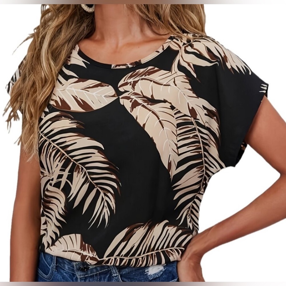 Boho Leaf Print Crew Neck Blouse, Casual Short Sleeve Blouse